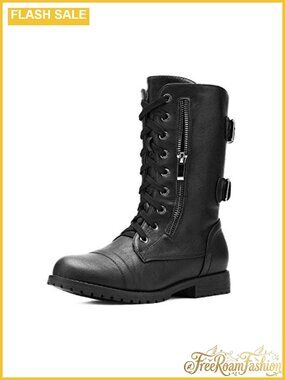 Women's Mid Calf Combat Boots Lace Up PU Leather Side Zip Pocket